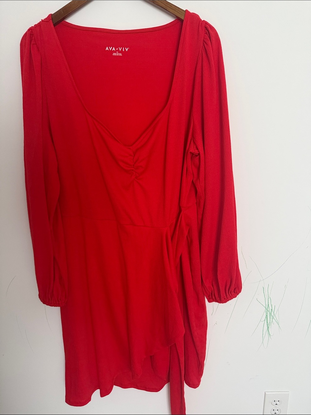 Ava & Viv Bright Red Long Sleeve V-Neck Wrap Dress